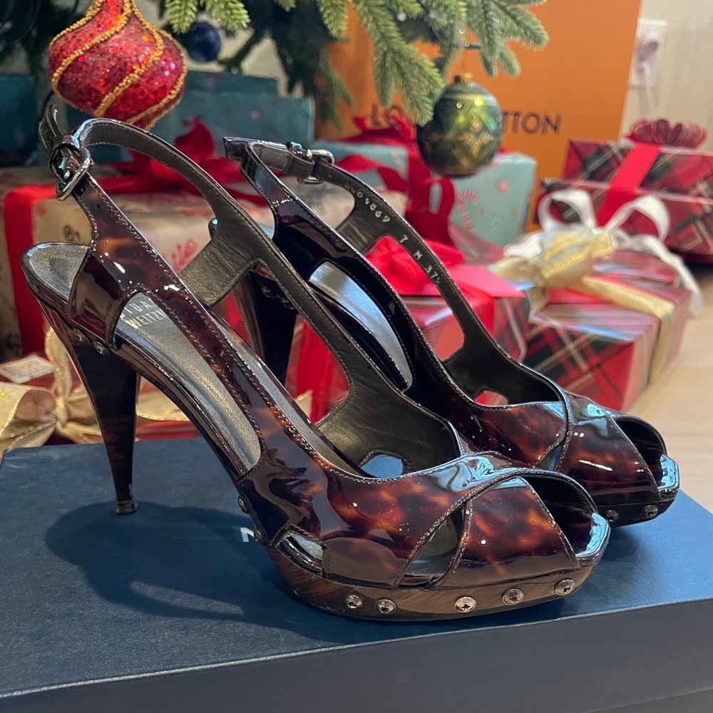 STUART WEITZMAN Size 7 Brown Tortoise Shell Patent Leather Heel Peep Toe Open